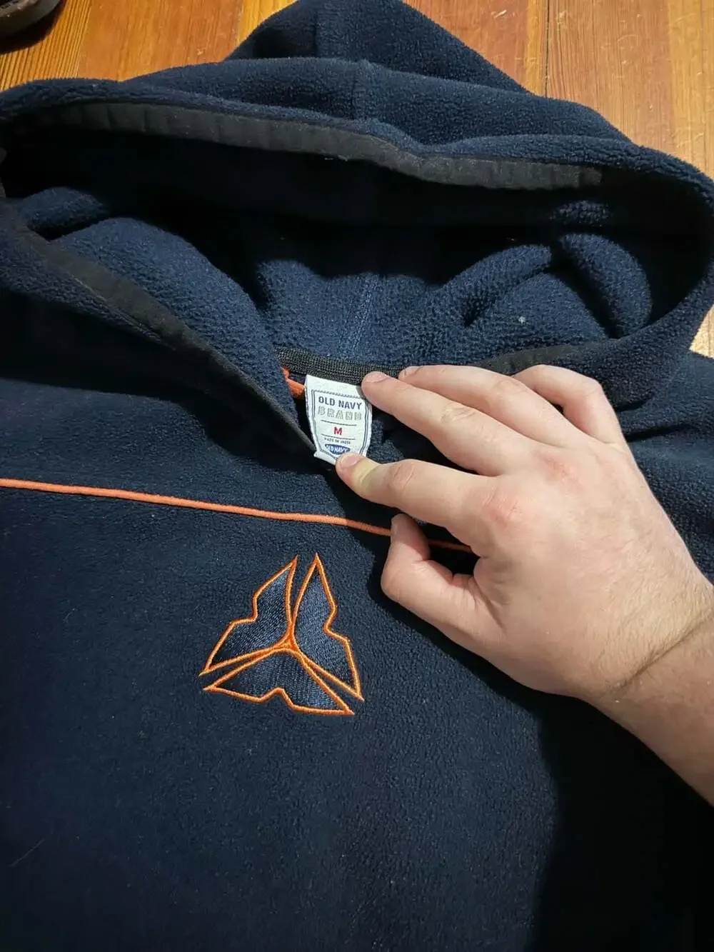 Vintage Old Navy Navy Blue Fleece Hoodie with Orange Trim and Triangle Logo